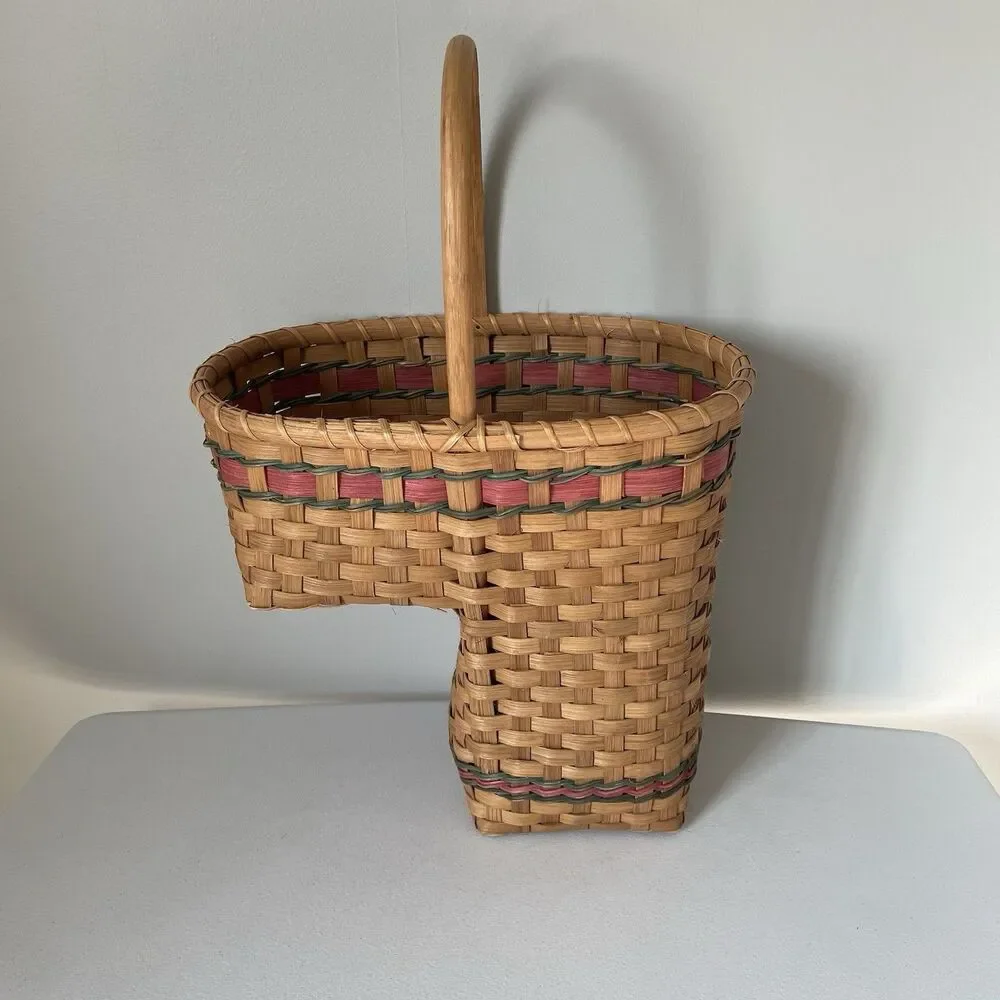 Vintage Rustic Country Woven Stair Basket Cottagecore Tan Red Green 13' x 14'